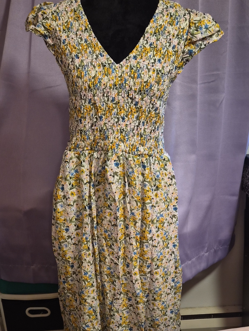 Smocked V-Neck Floral Midi Dress in Yellow and Blue